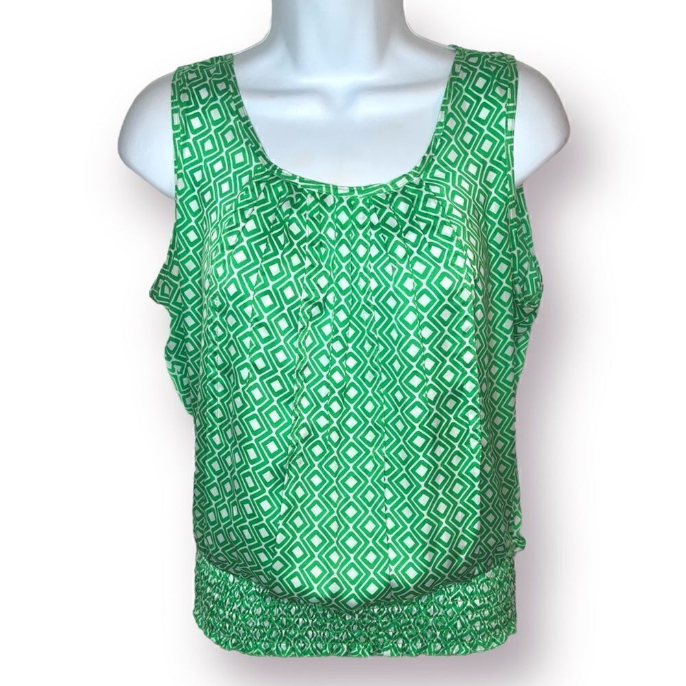 Jules & Leopold Geometric Satin Sleeveless Layering Top Smocked Waist Green S